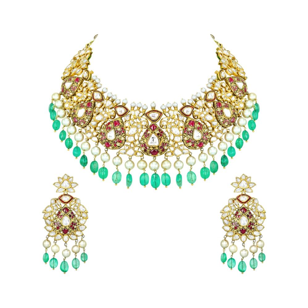 Polki Necklace Set with Red Stones, Emerald Beads, and Pearls